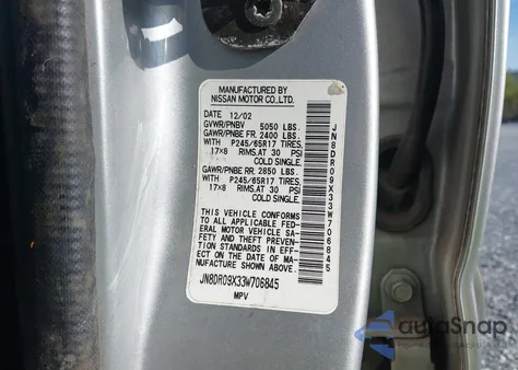 2003 Nissan Pathfinder Le from USA, damaged, VIN JN8DR09X33W706845